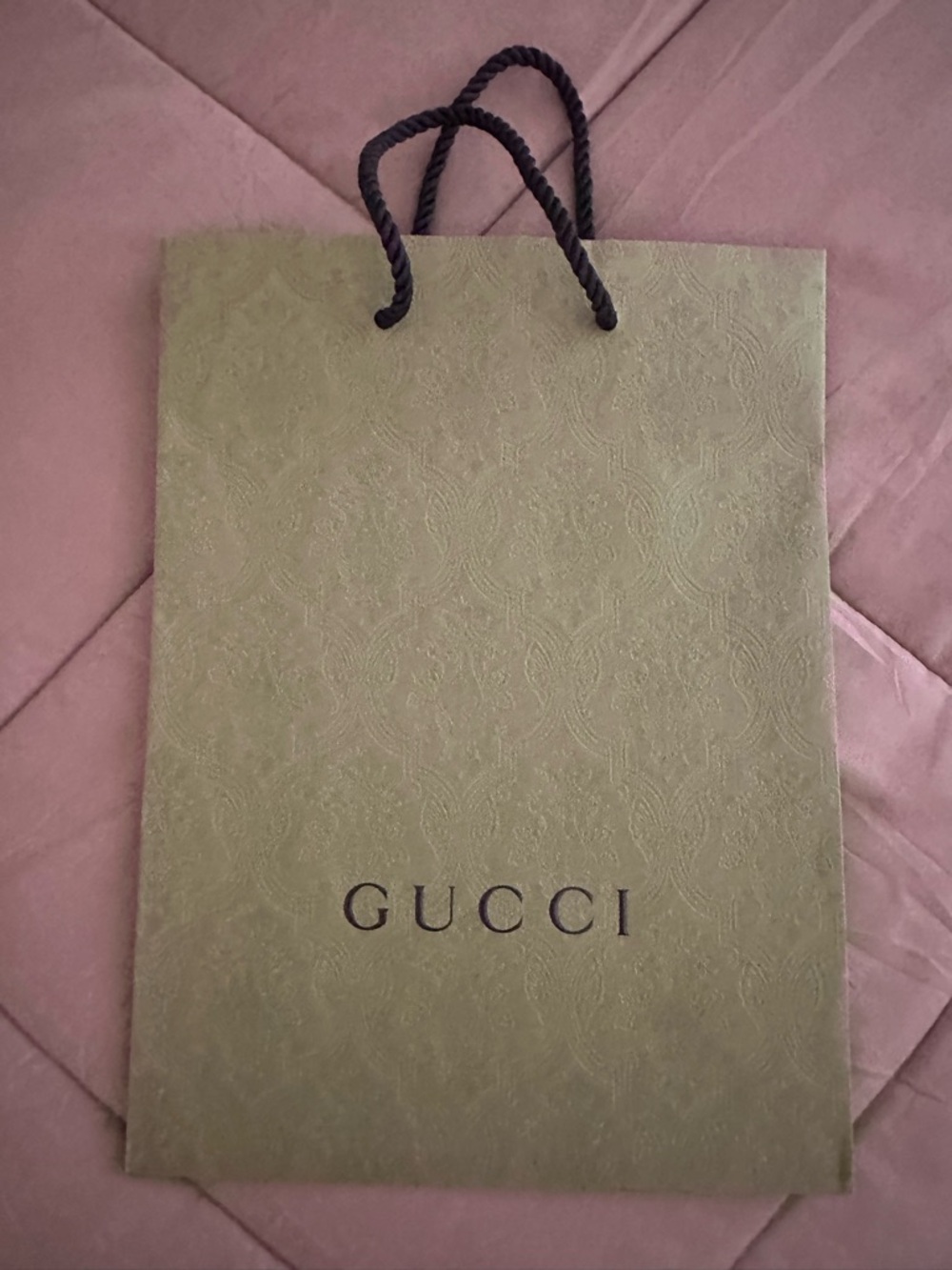 Gucci Olive Green Embossed Paper Gift Bag with Black Rope Handles